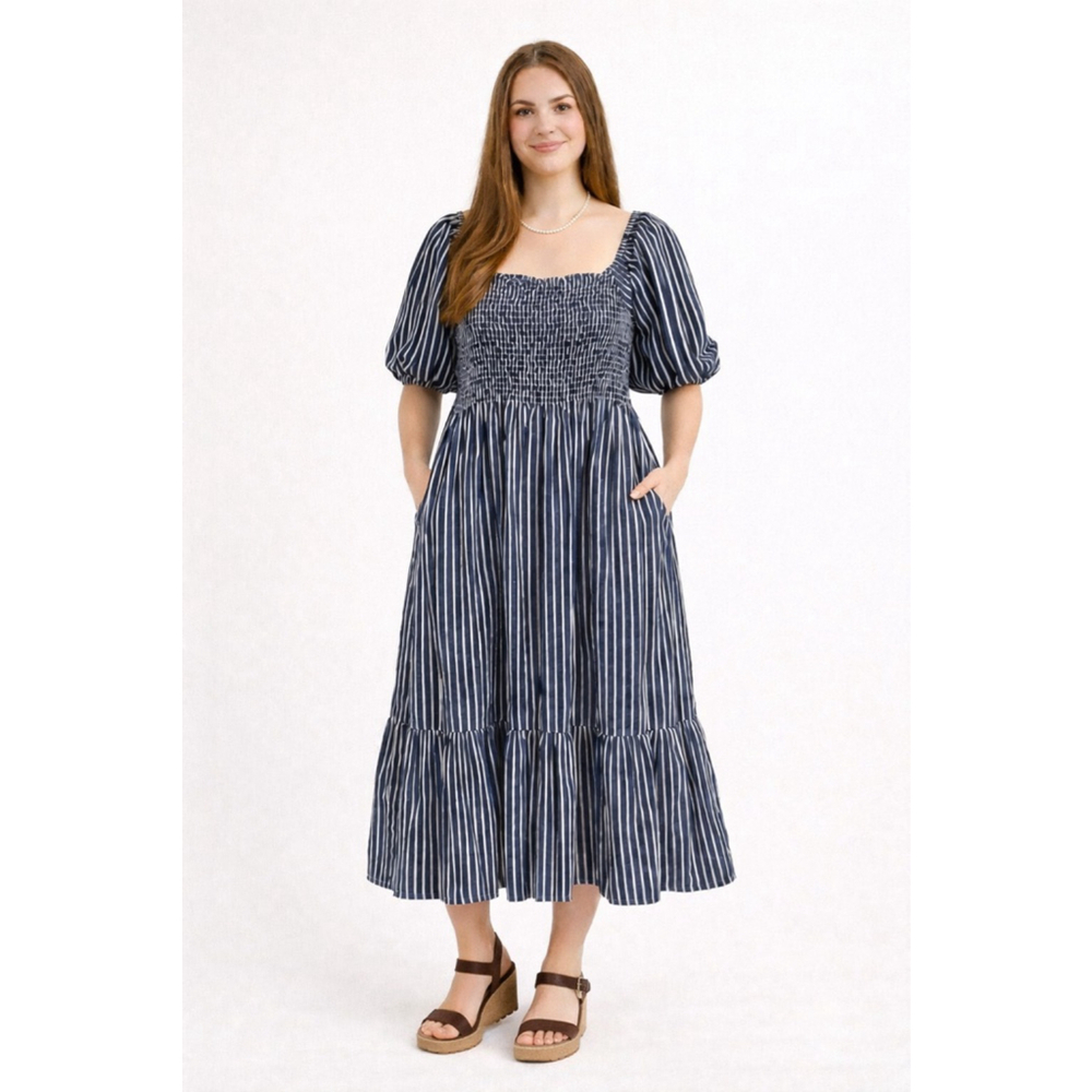 Maxwell & Geraldine Blue White Stripe Smocked Puff Sleeve Midi Dress XL
#Oo
